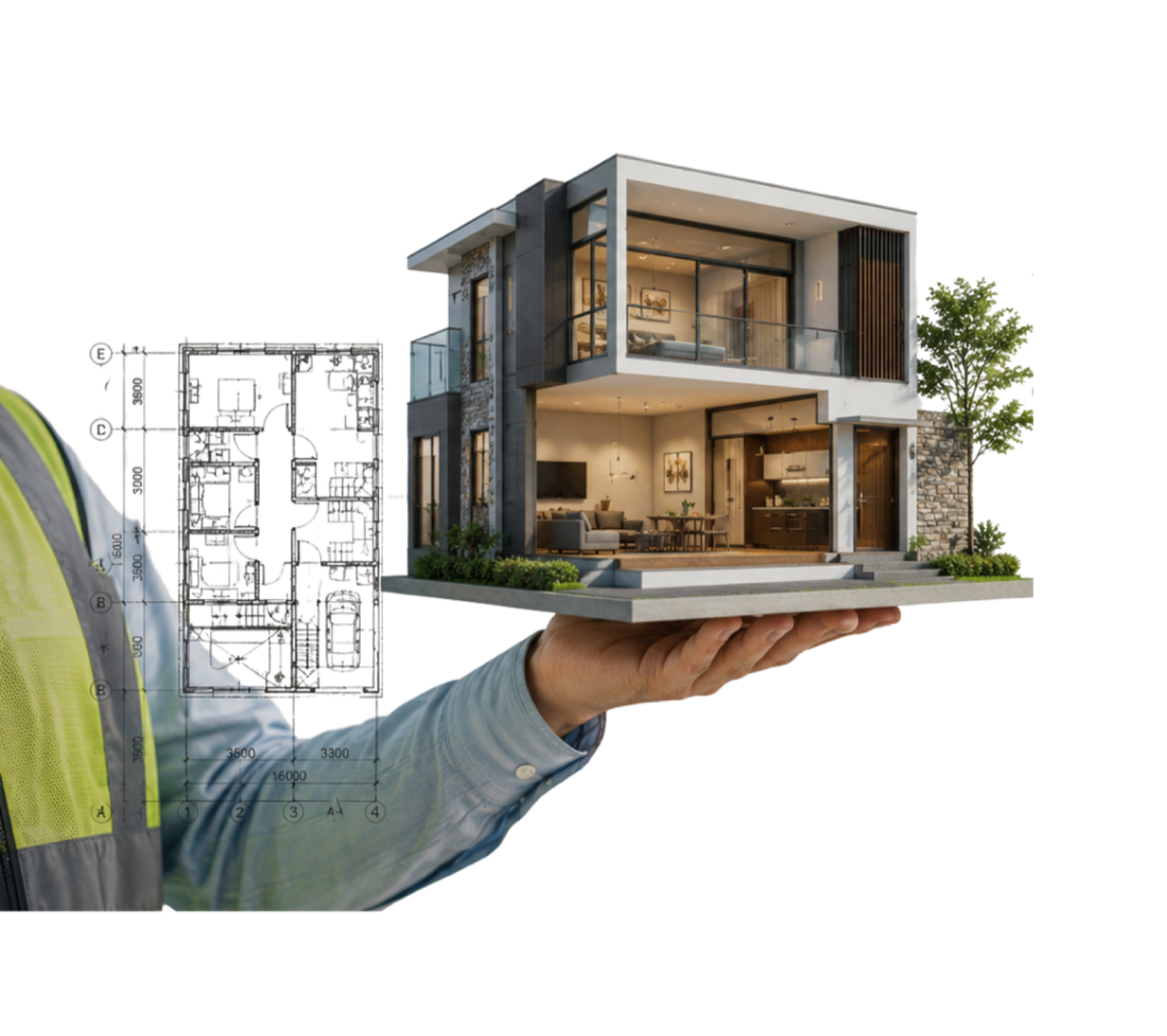 A Golden Pavilion site supervisor holding a scale model of a completed home above its floor plan