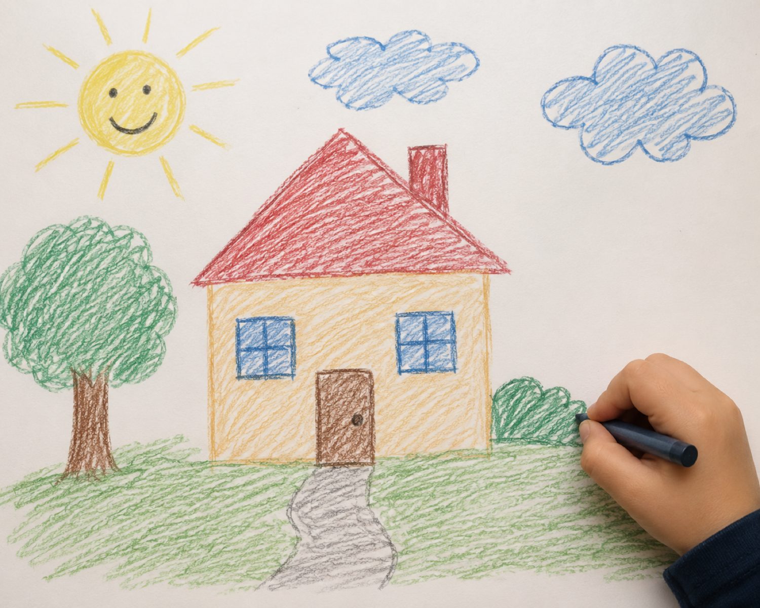 A child's crayon drawing of a house with a sun, a tree and clouds