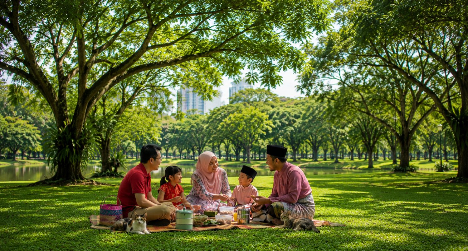 A Malaysian family enjoying a picnic together in a green community park