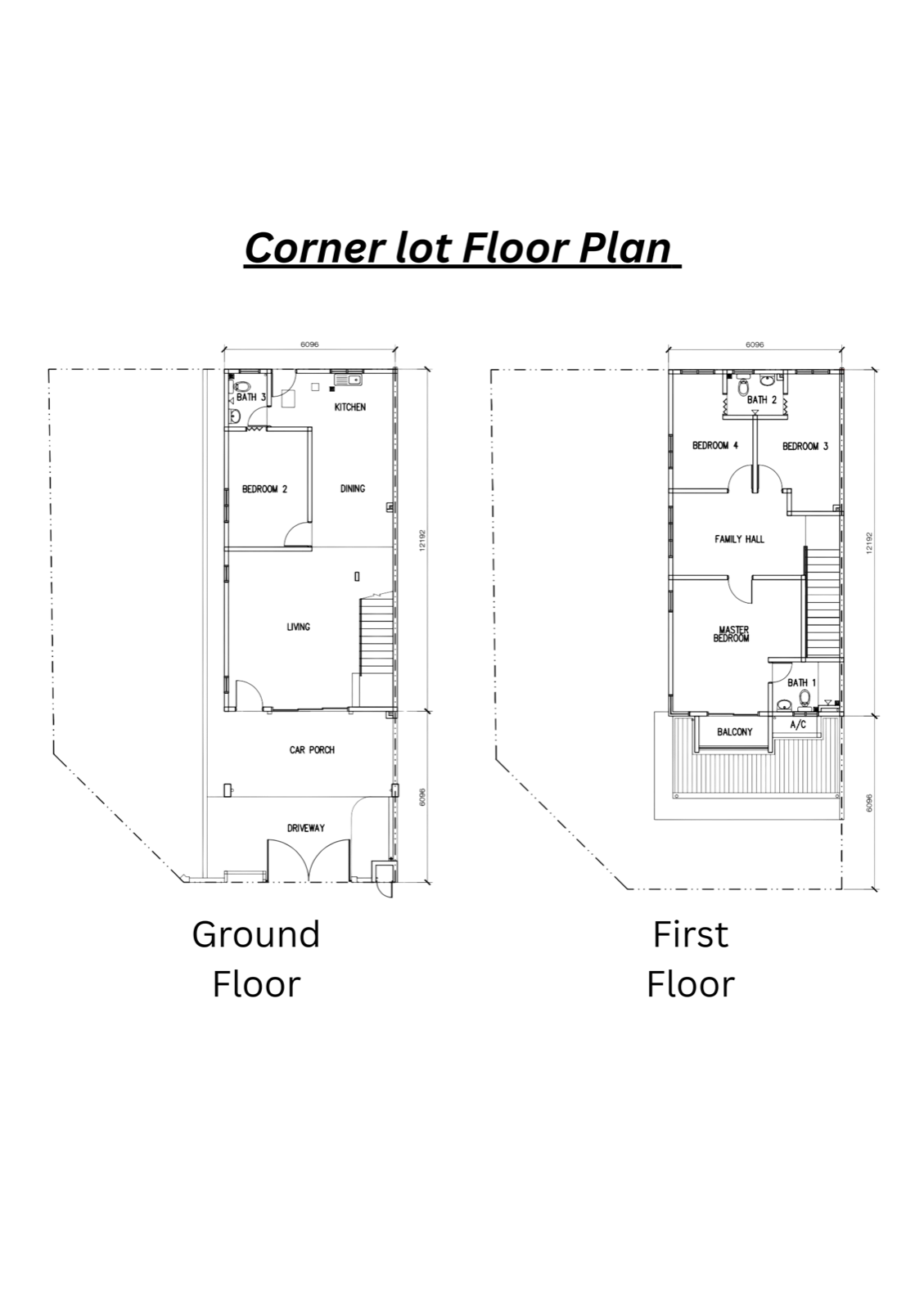 Corner lot floor plan for First Vista Residence — ground floor and first floor