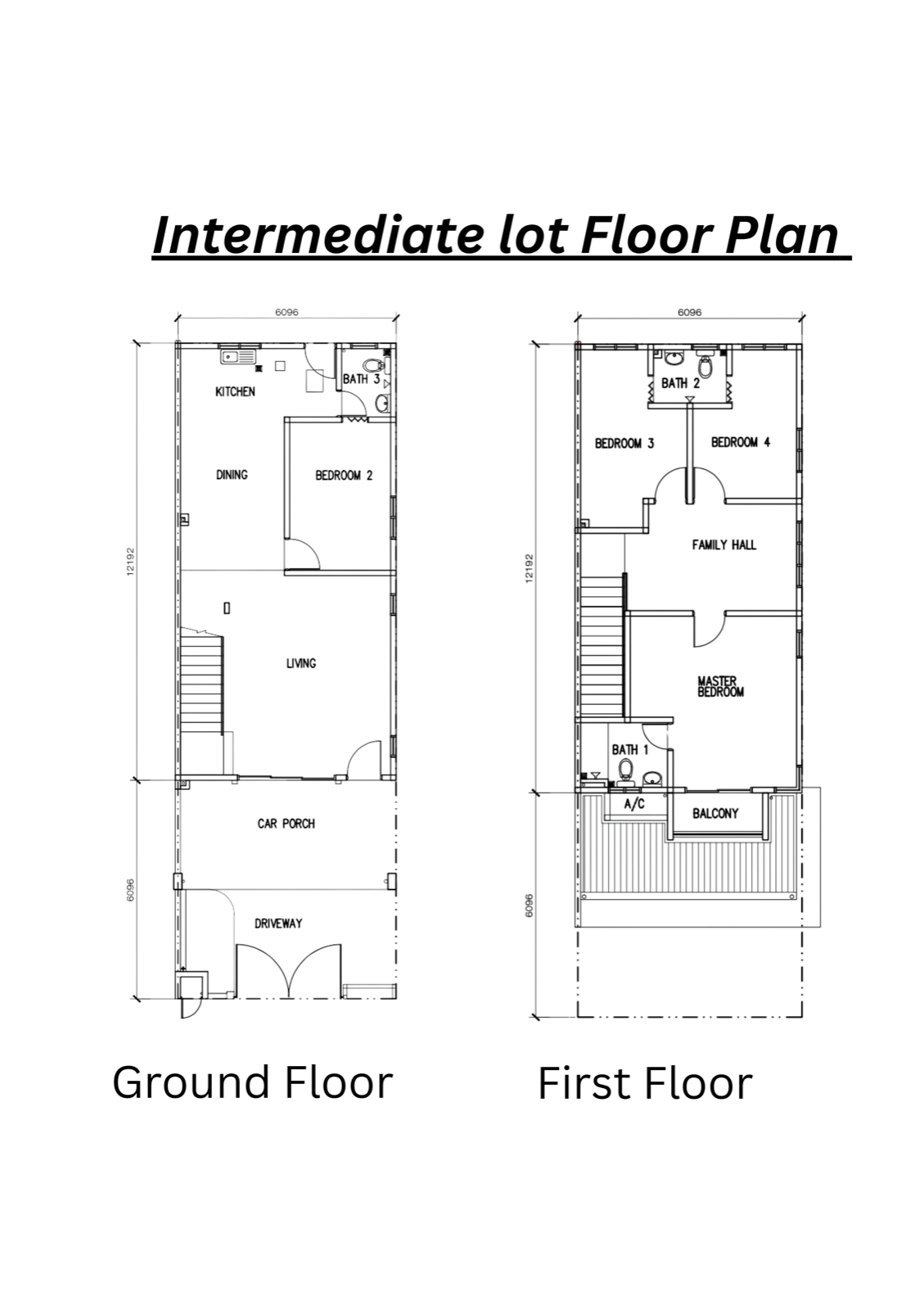 Intermediate lot floor plan for First Vista Residence — ground floor and first floor