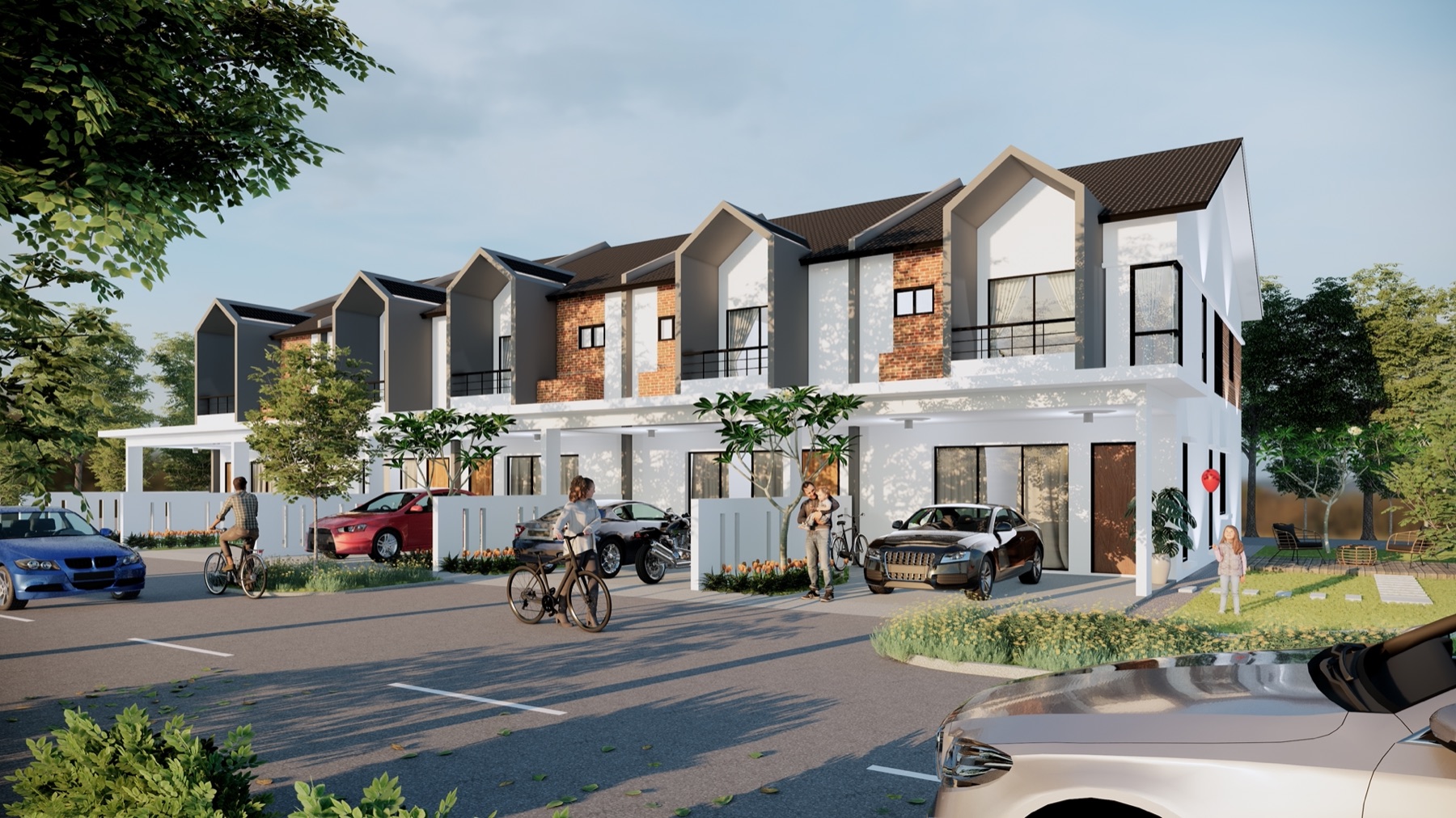 Render of First Vista Residence — a row of 2-storey terrace homes in Sabak Bernam at dusk