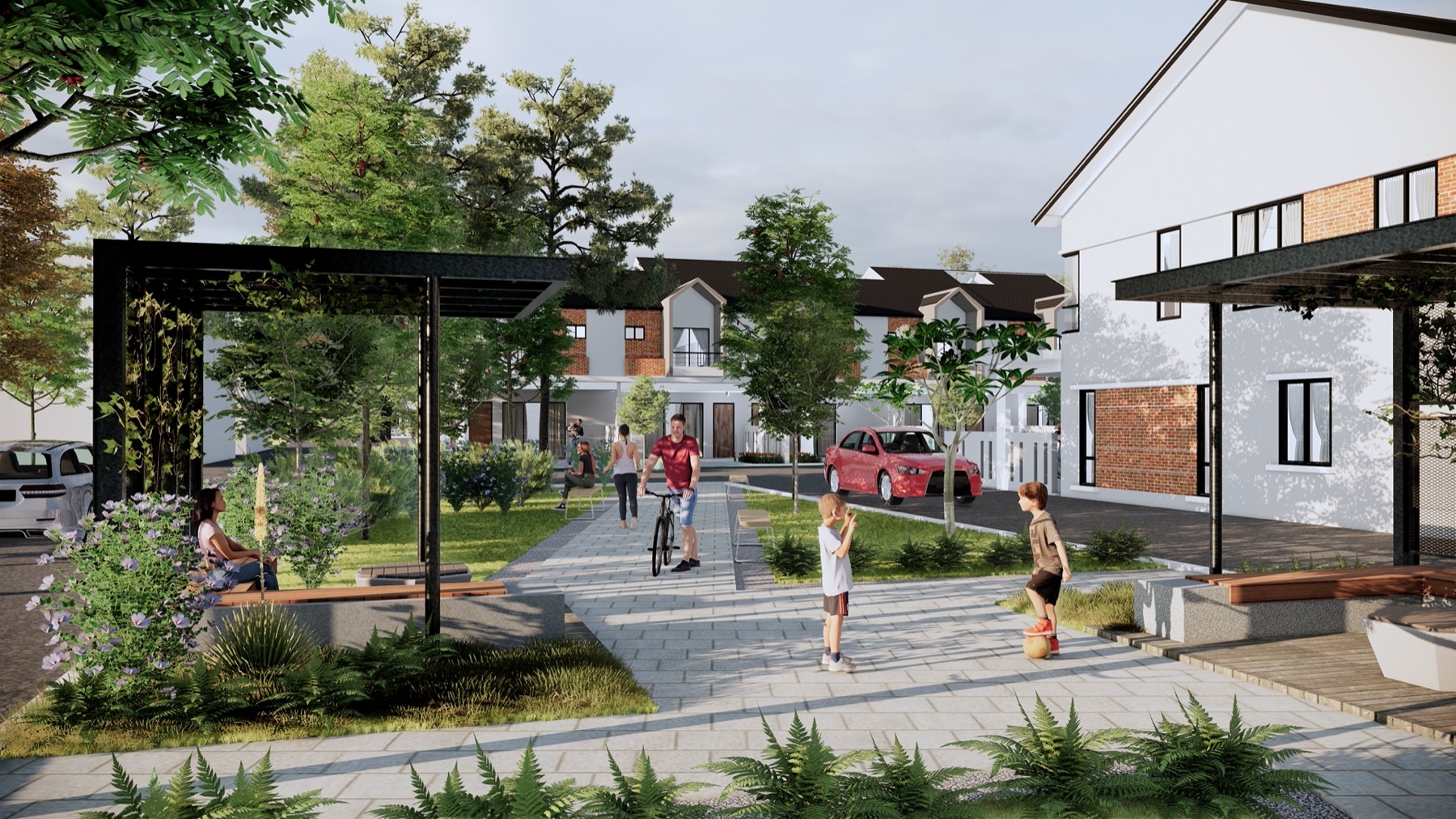 Streetscape render of First Vista Residence showing the terrace frontages and landscaped road