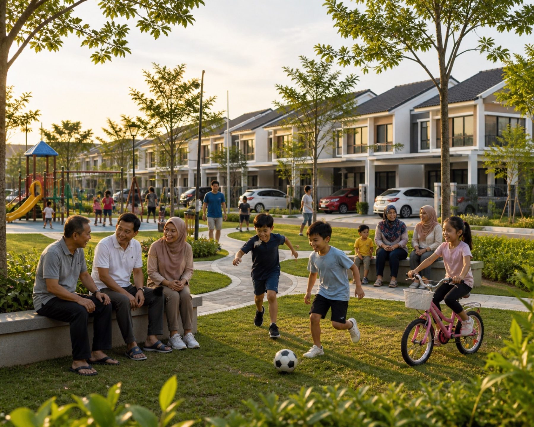 Multi-generational Malaysian families enjoying the community park inside a Golden Pavilion residential development at golden hour