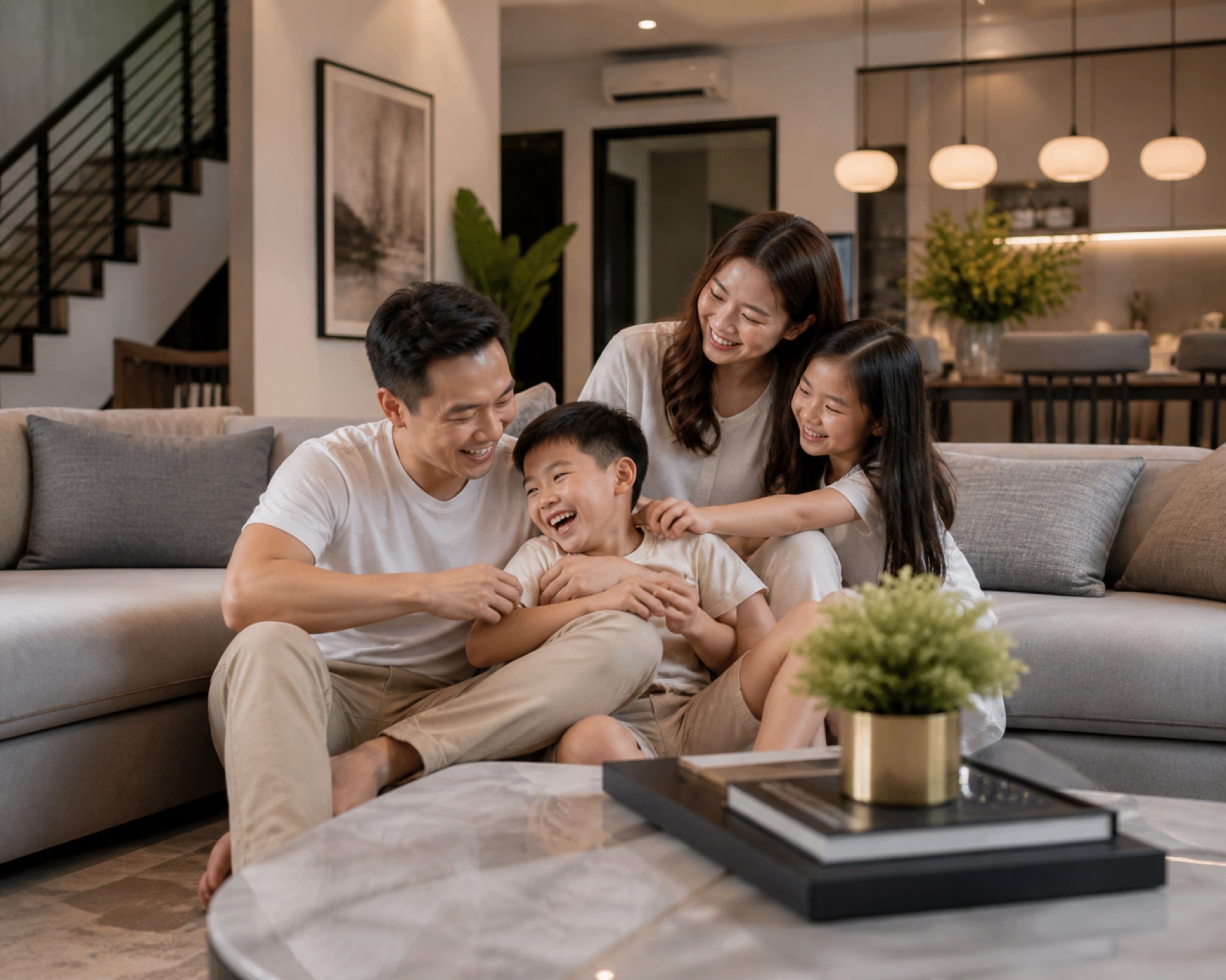A Malaysian family relaxing together in the living room of a Golden Pavilion home