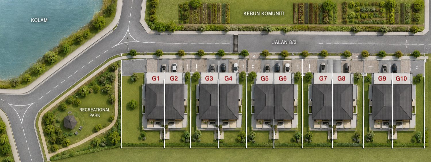 Site plan for Jaluran Lakeview Sanctuary showing the homes arranged around the lake