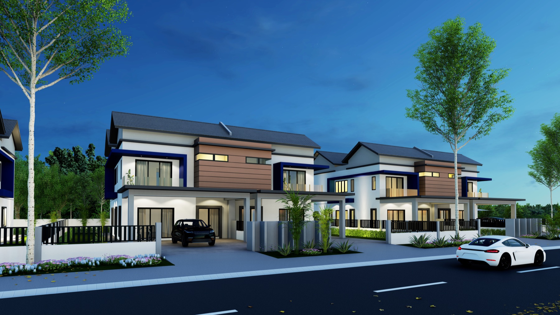 Evening render of Jaluran Lakeview Sanctuary homes lit at dusk