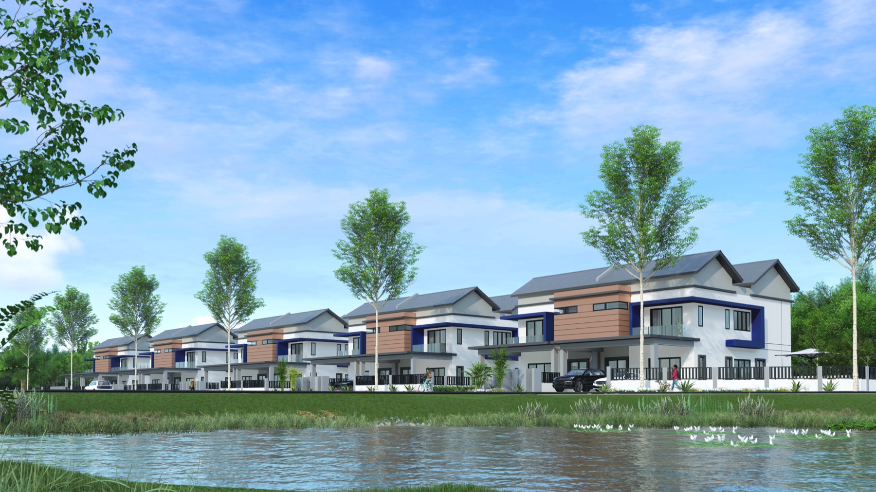 Render of Jaluran Lakeview Sanctuary — semi-detached homes beside the lake in Shah Alam