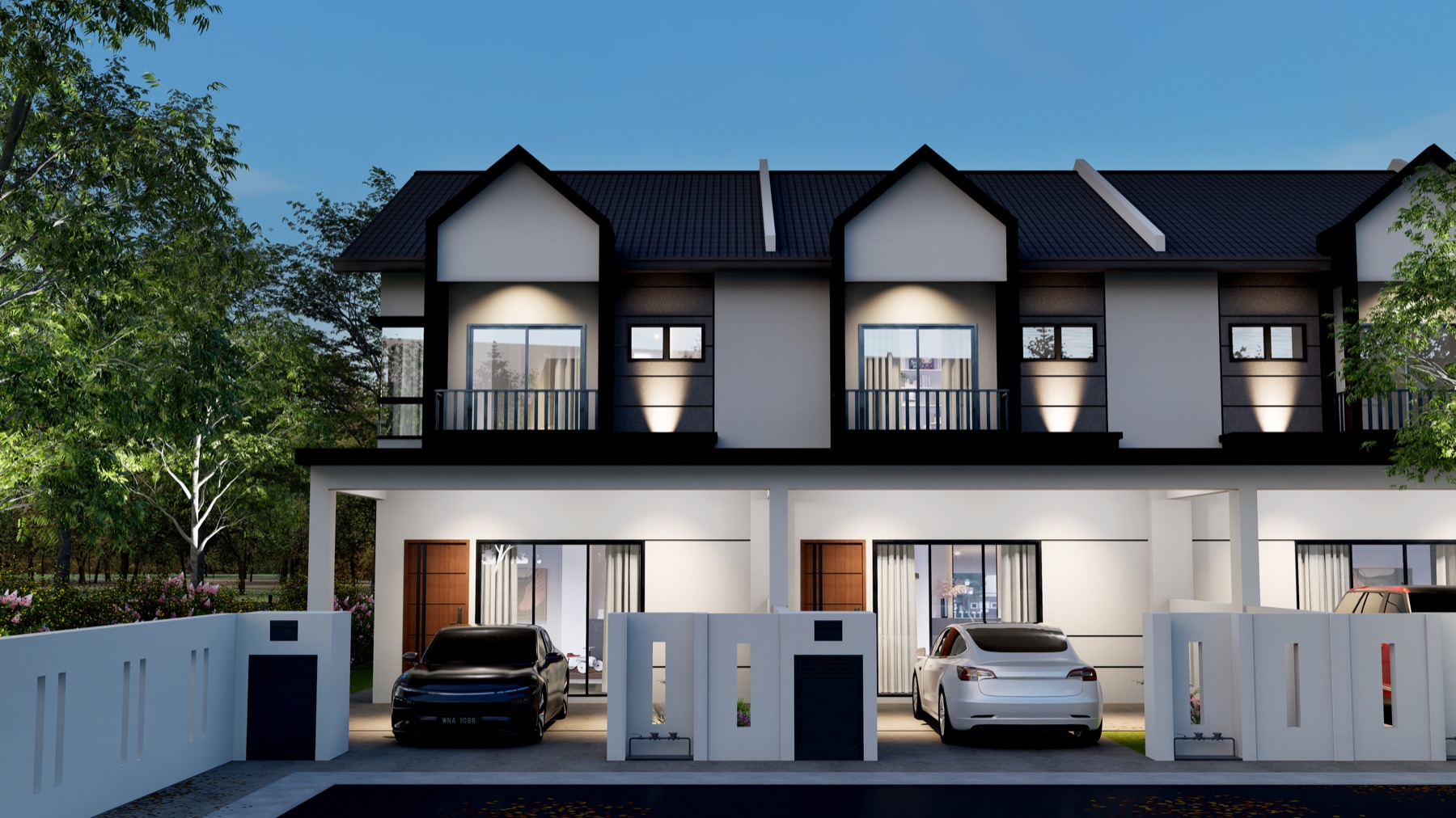Evening render of Taman Sri Sementa 2 terrace homes lit at dusk